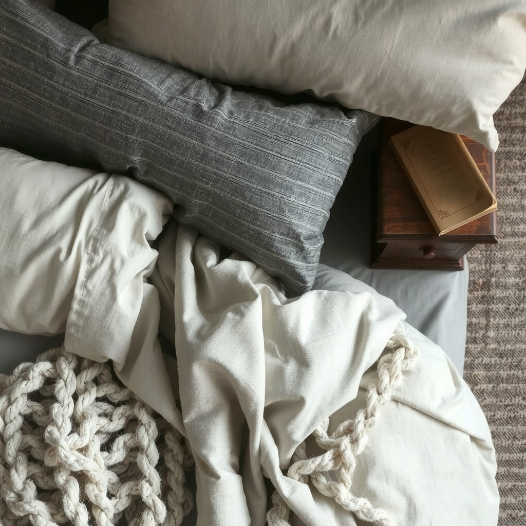 Close-up detail of a luxury bed with layers of slate grey linen sheets, a chunky knit graphite throw, and a dark walnut bedside table, highlighting rich contrasting textures.