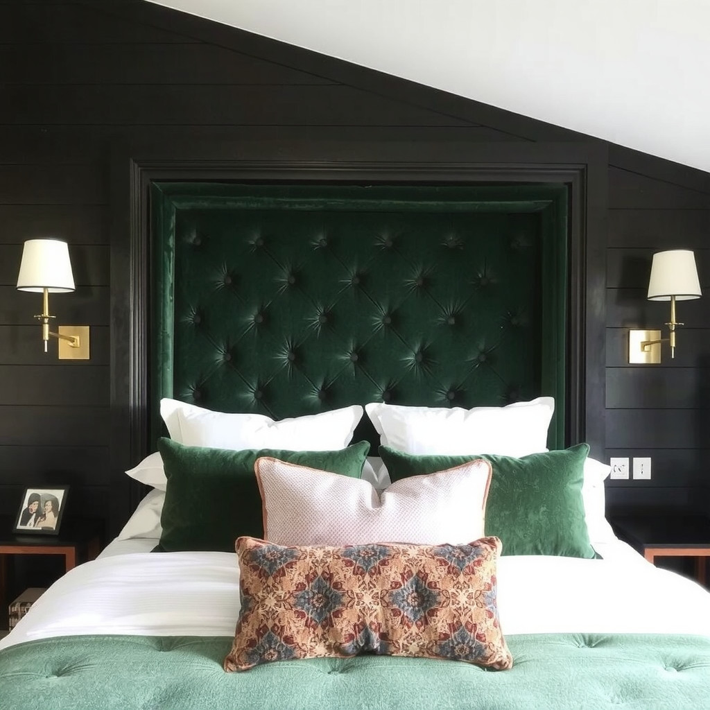 A dramatic bedroom focal point featuring a tufted emerald green velvet headboard set against a matte black wall, flanked by brass sconces and a large abstract painting with gold accents.