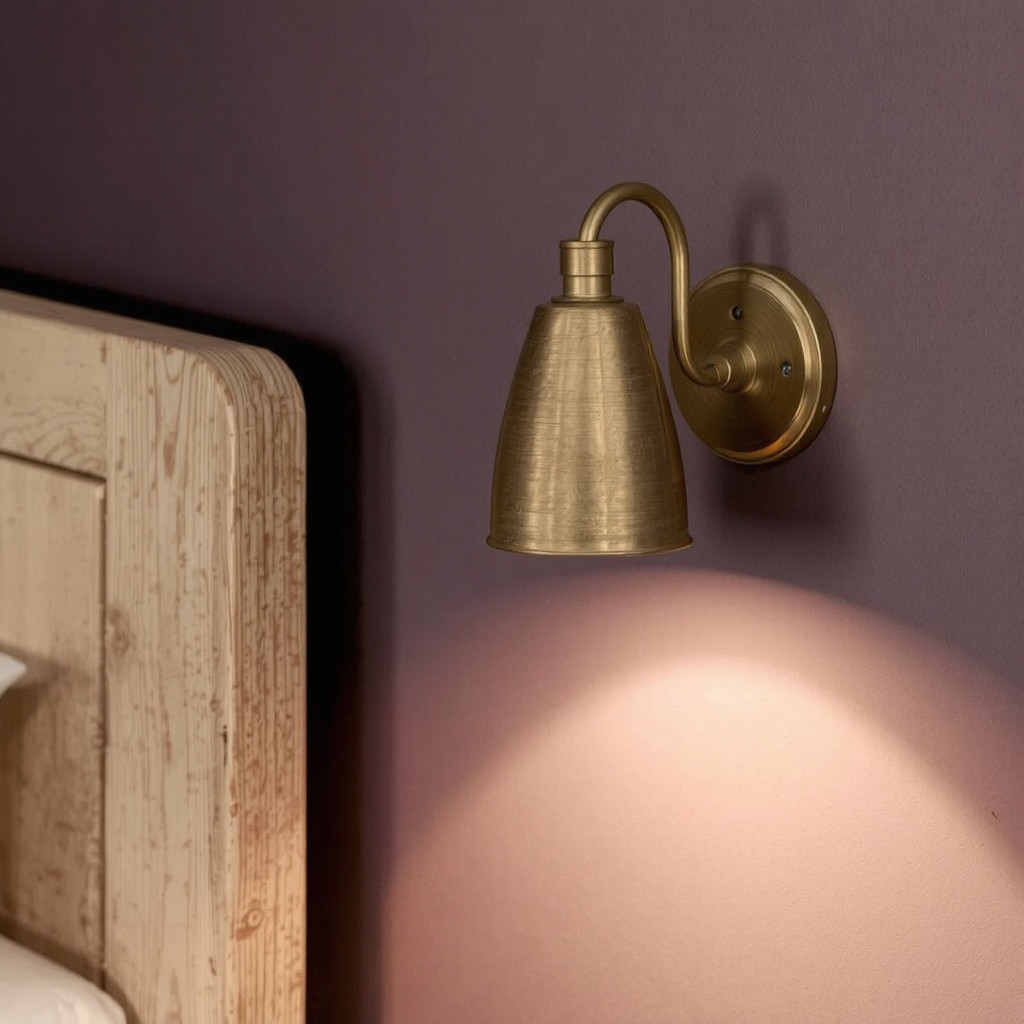 Atmospheric bedroom lighting with a brass wall sconce casting a warm golden glow against a deep navy blue wall, illuminating a stack of books on a nightstand.