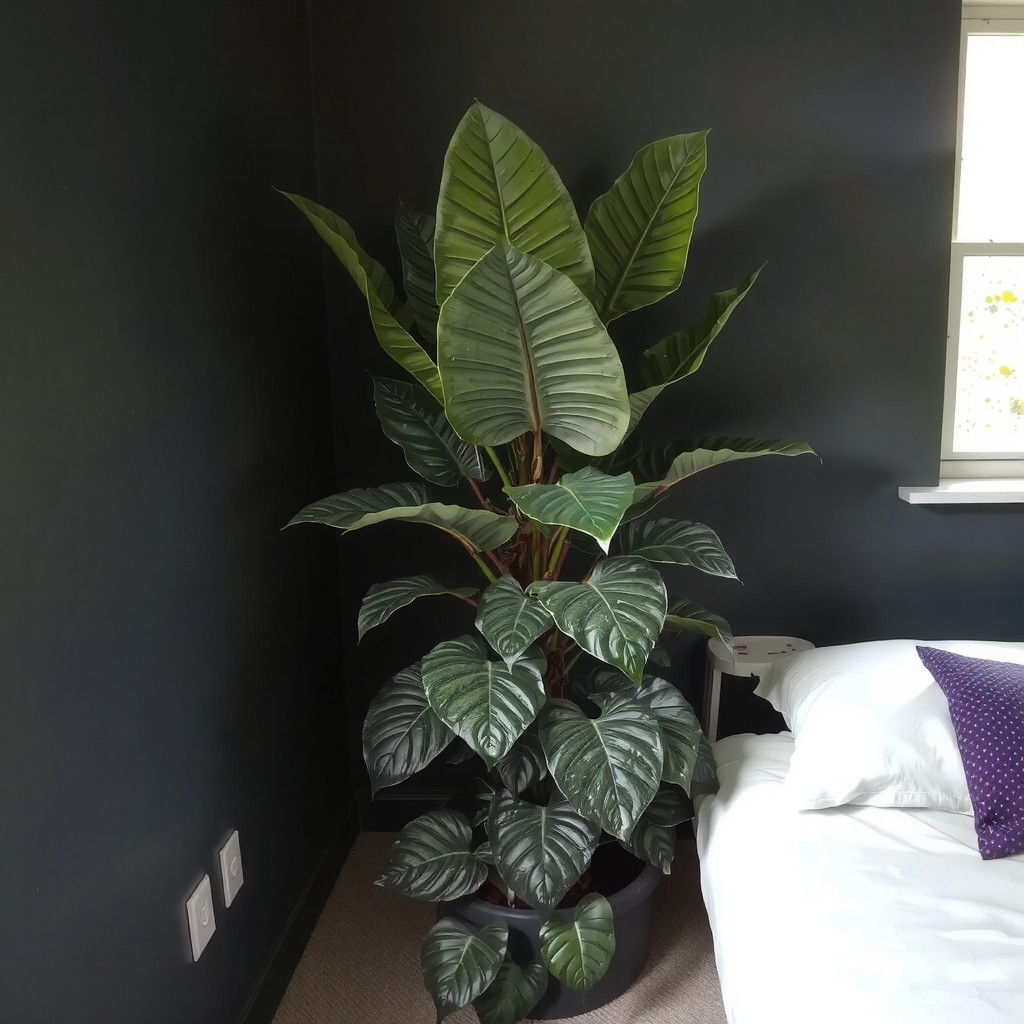 A vibrant snake plant in a terracotta pot standing out against a deep forest green wall, with natural light filtering through sheer grey curtains creating soft shadows.