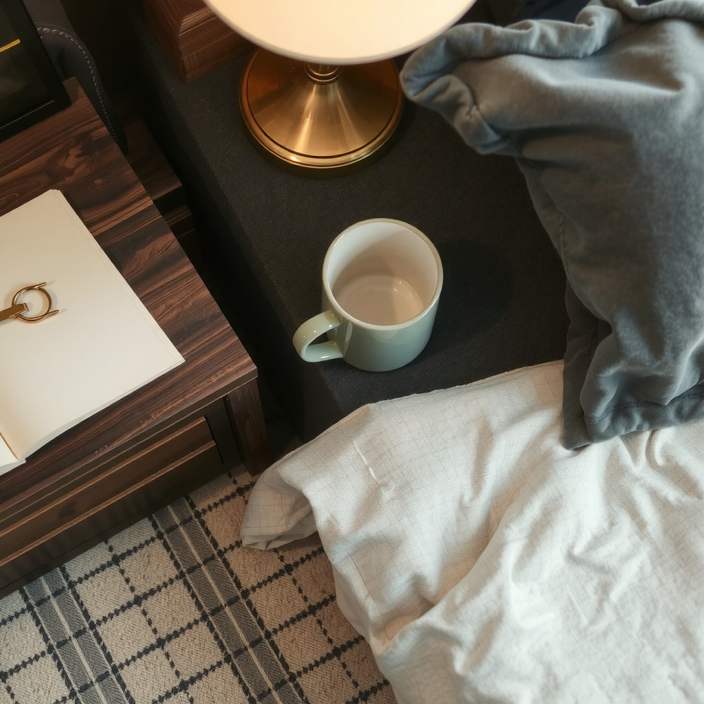 Detailed shot of a walnut bedside table and bed layout