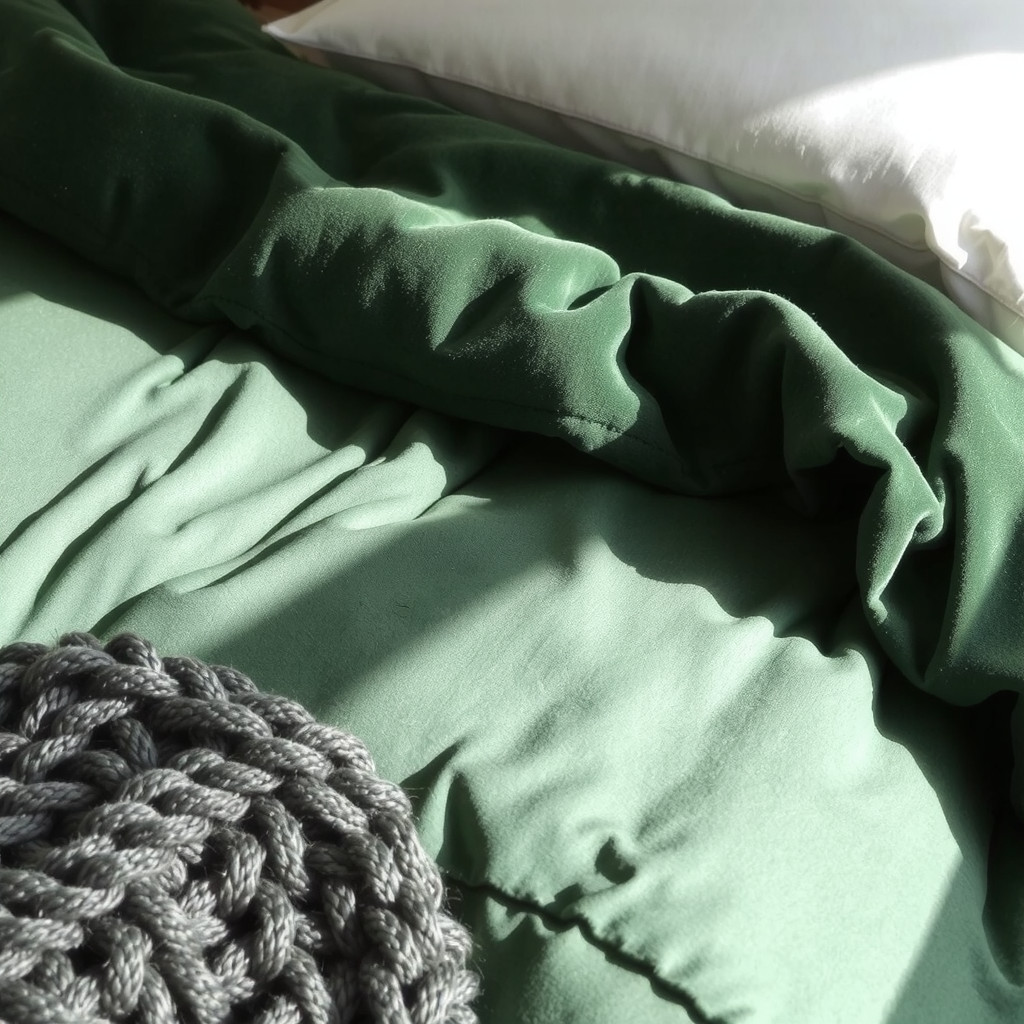 Close up of layered velvet and linen bedding textures