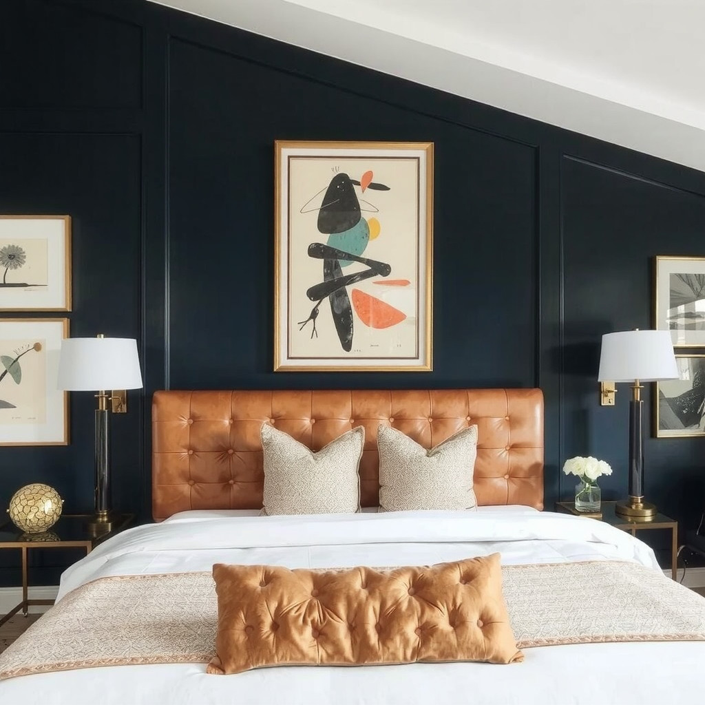 A dramatic tufted leather headboard against a black wall