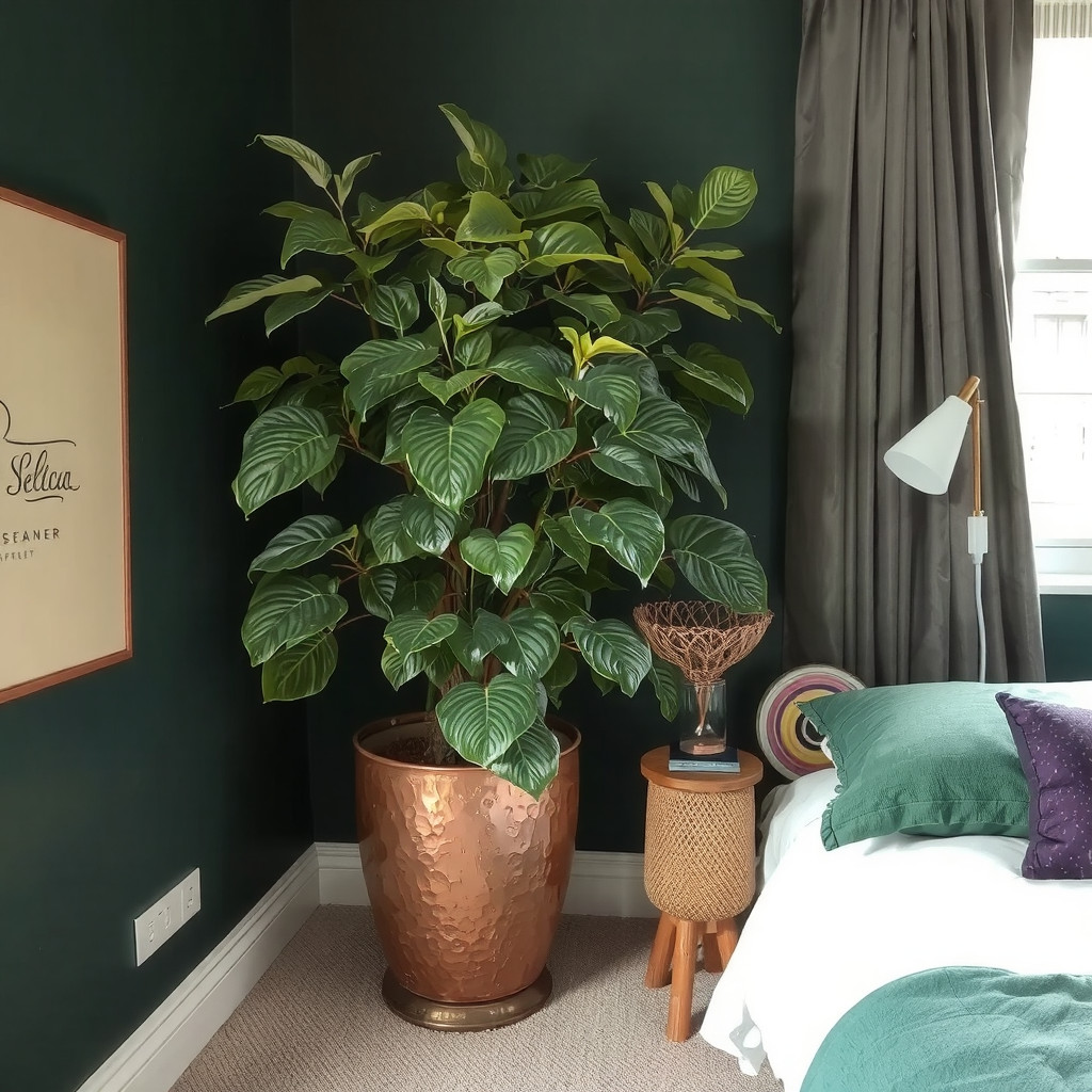 A large rubber plant in a metallic pot against dark walls