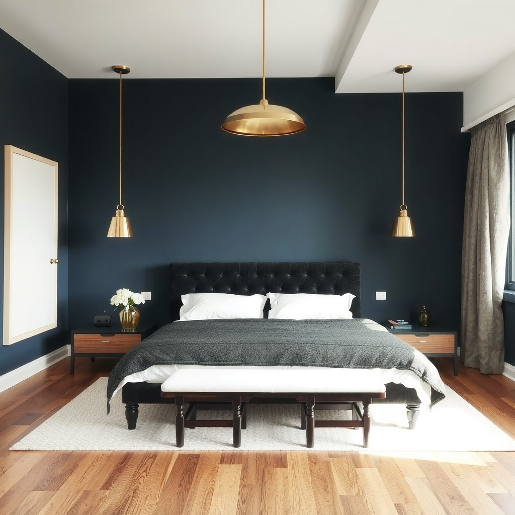 A symmetrical bedroom layout viewing a king-sized bed with a tufted black velvet headboard, flanked by floating wooden nightstands