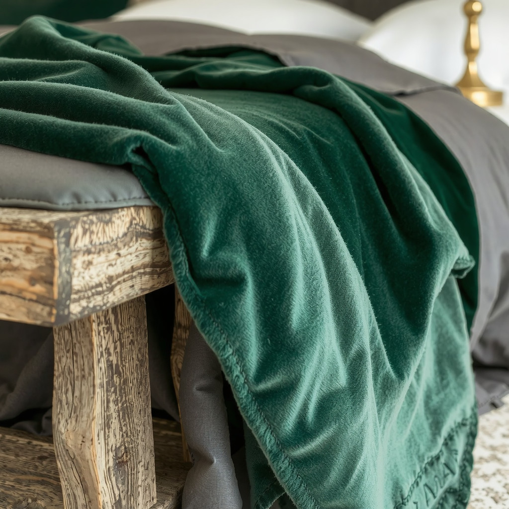 A close-up detail shot focusing on textures, showing a draped emerald green velvet throw blanket on a dark gray duvet