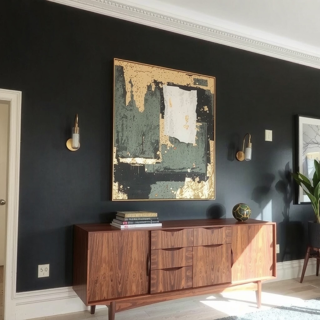 A dramatic focal point featuring a large abstract painting with gold leaf details hanging on a slate black wall