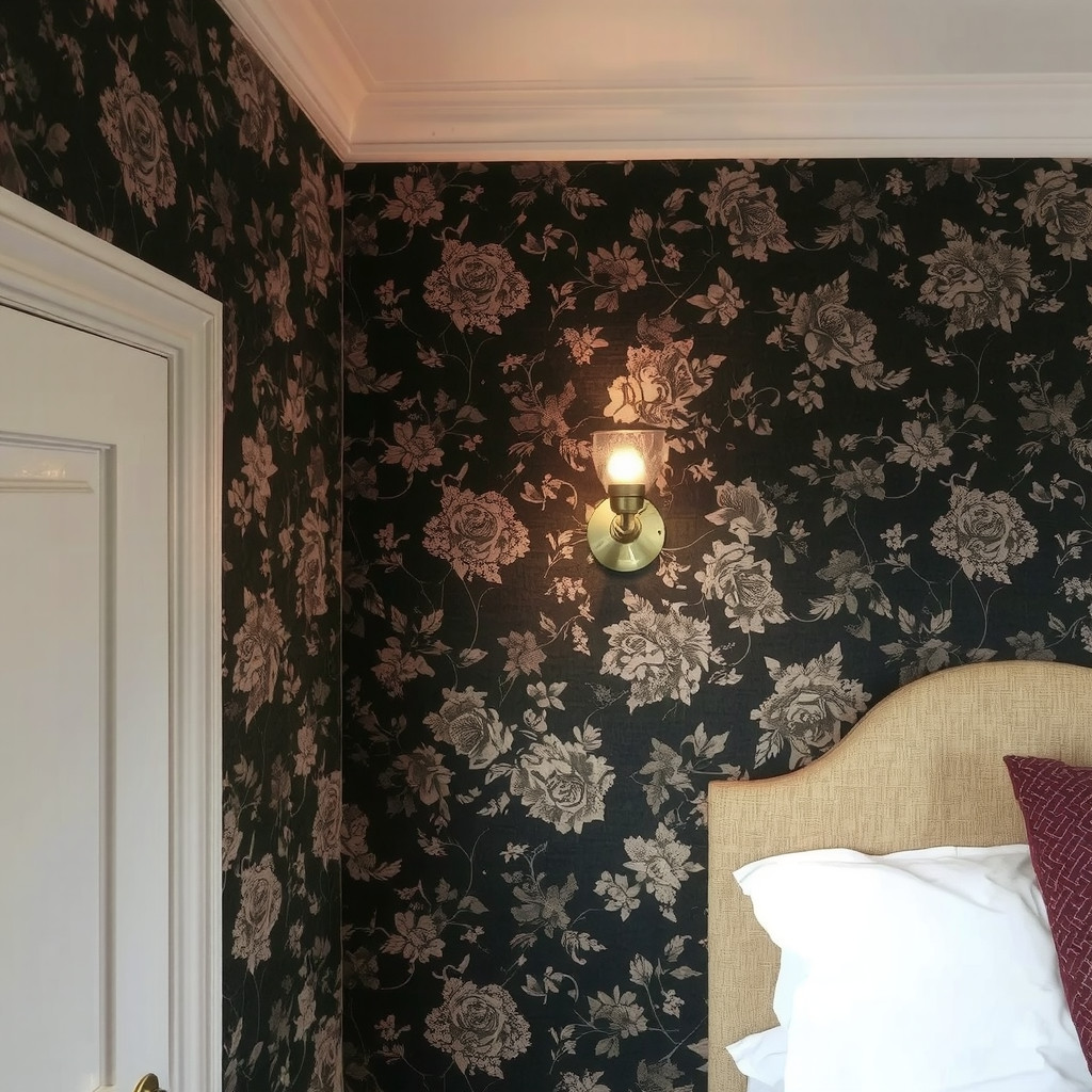 An atmospheric corner of a bedroom showing a brass wall sconce casting a warm, amber glow against textured dark floral wallpaper