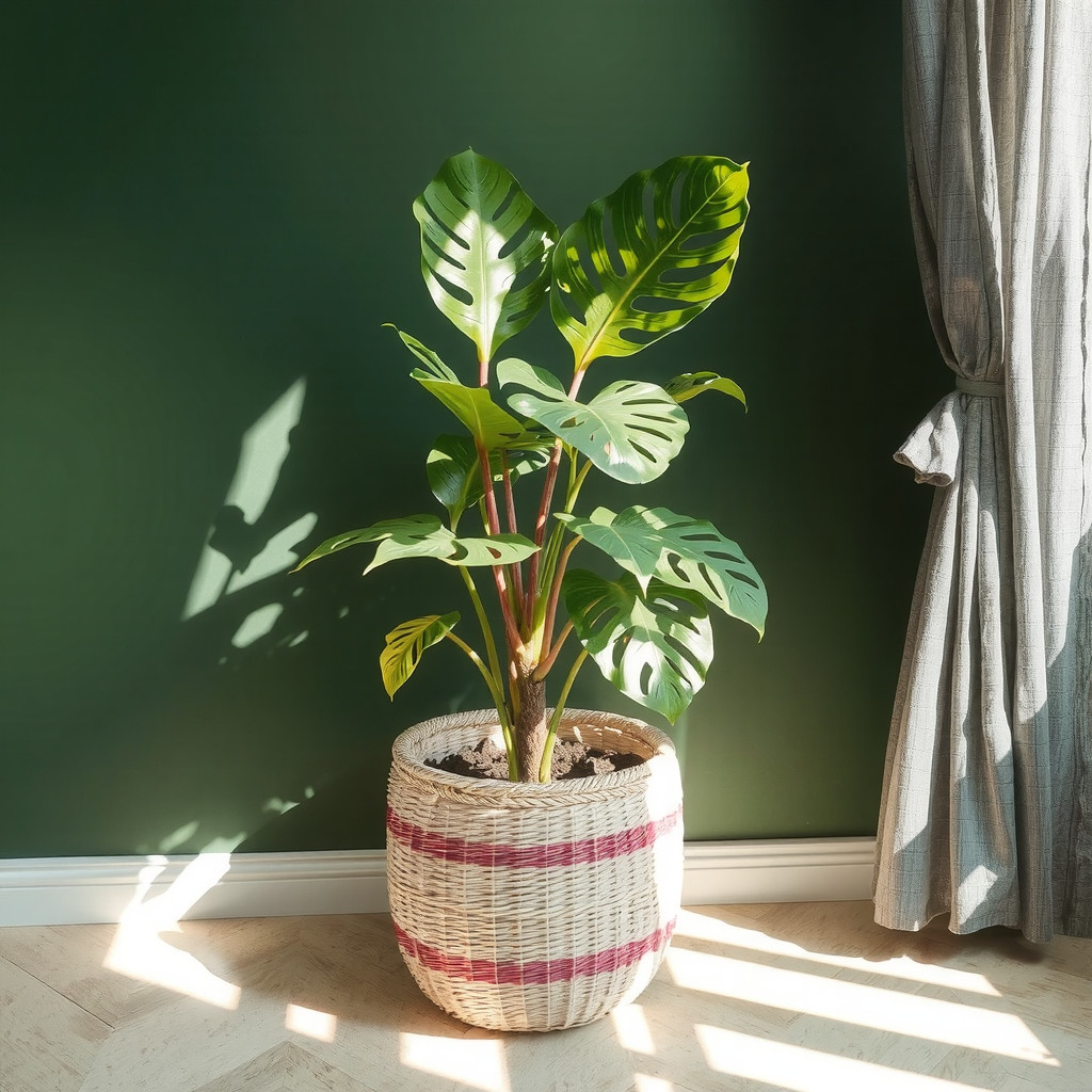 A vibrant potted Monstera plant placed in a woven seagrass basket standing out against a deep forest green wall