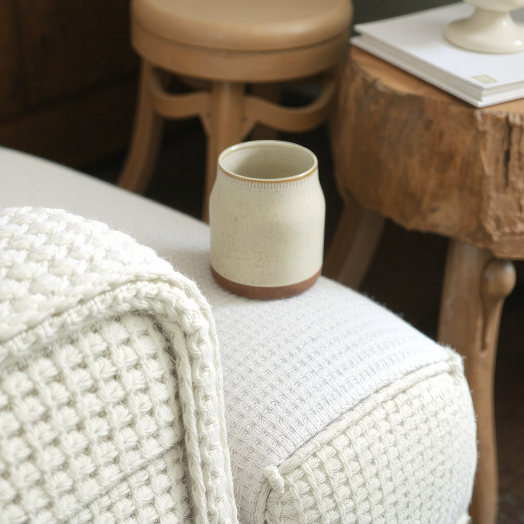 Close up of boucle fabric and raw wood textures