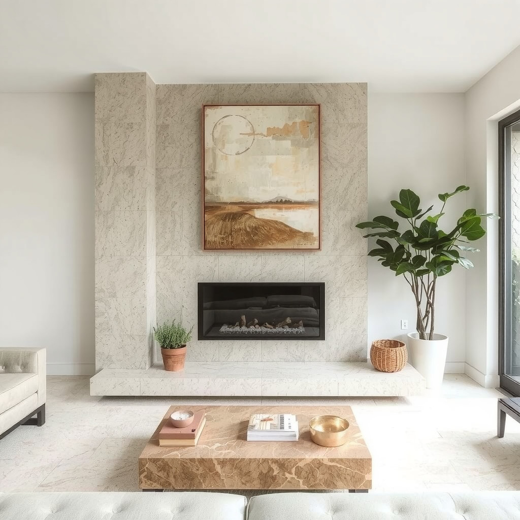 A travertine fireplace with minimal decor