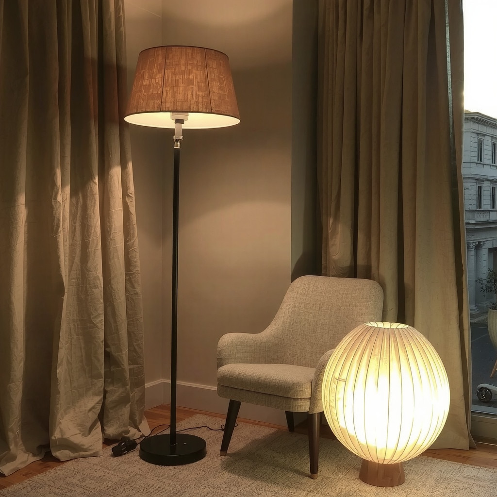 A paper floor lamp glowing in a cozy corner