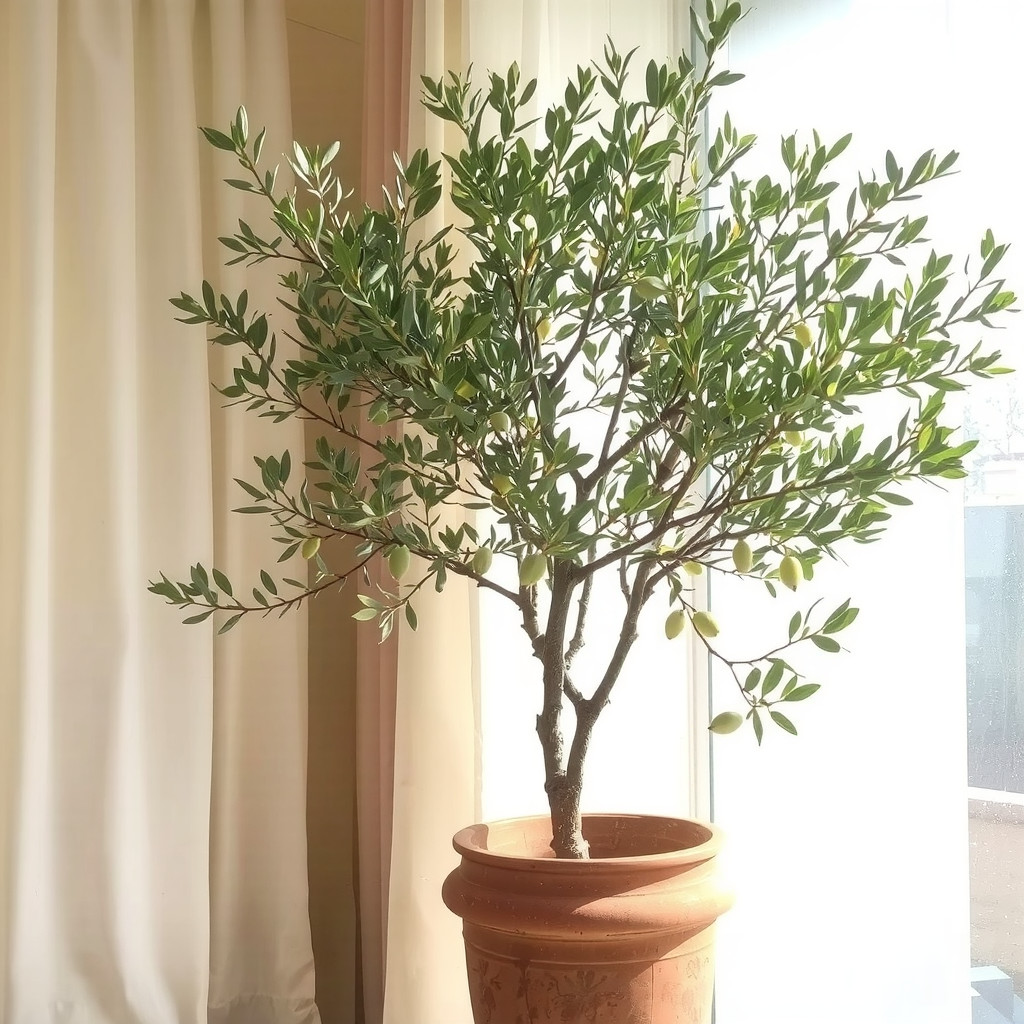 A large olive tree in an artisan pot