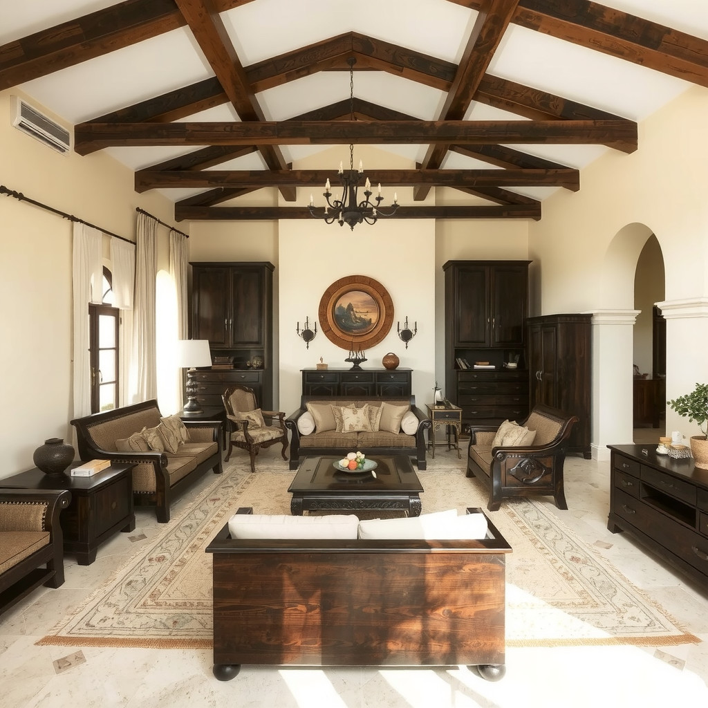 An open concept living area with heavy wooden furniture arranged for conversation