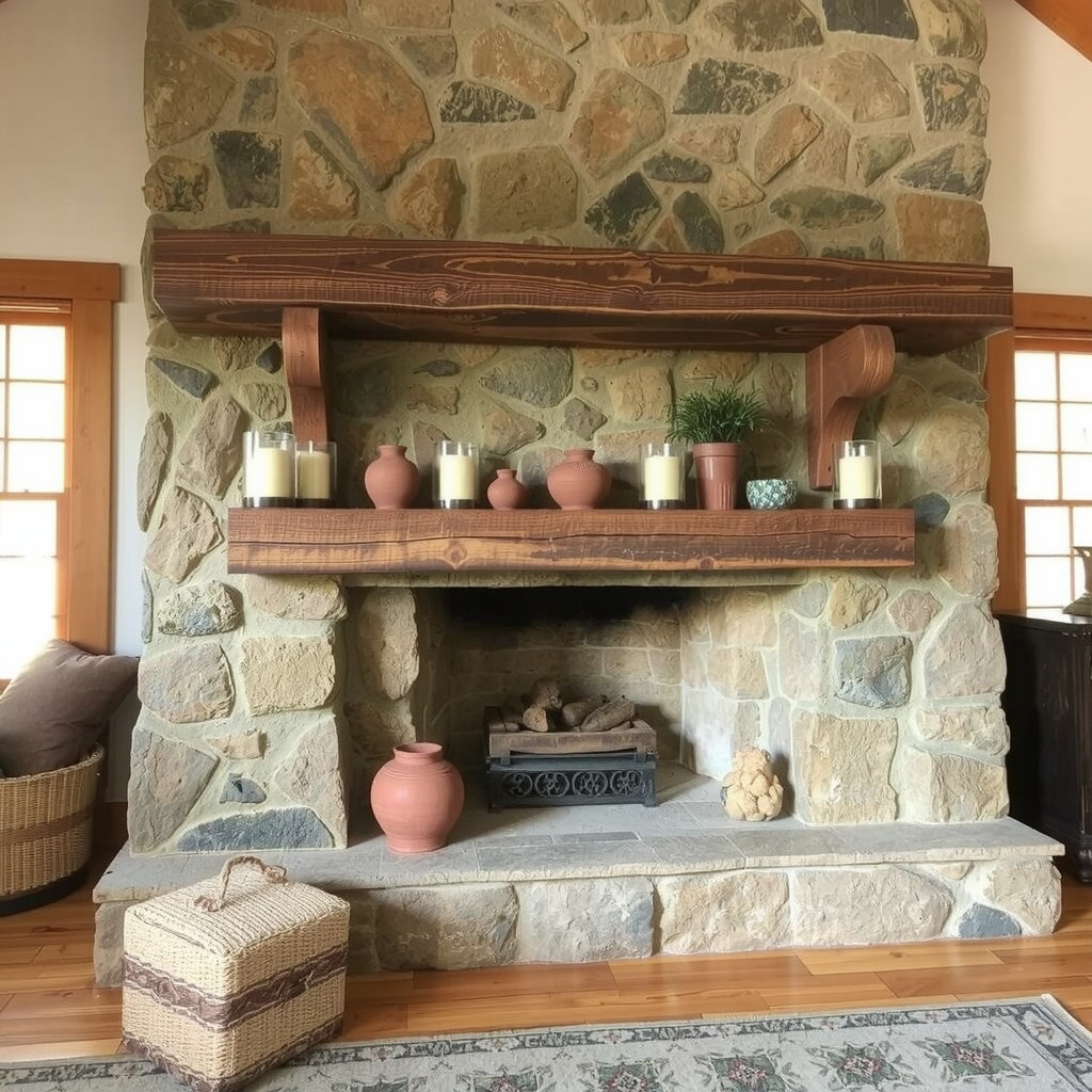 A large stone fireplace with a chunky reclaimed wood mantel
