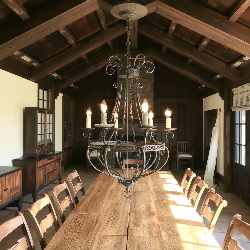 A wrought iron chandelier hanging from exposed wooden ceiling beams