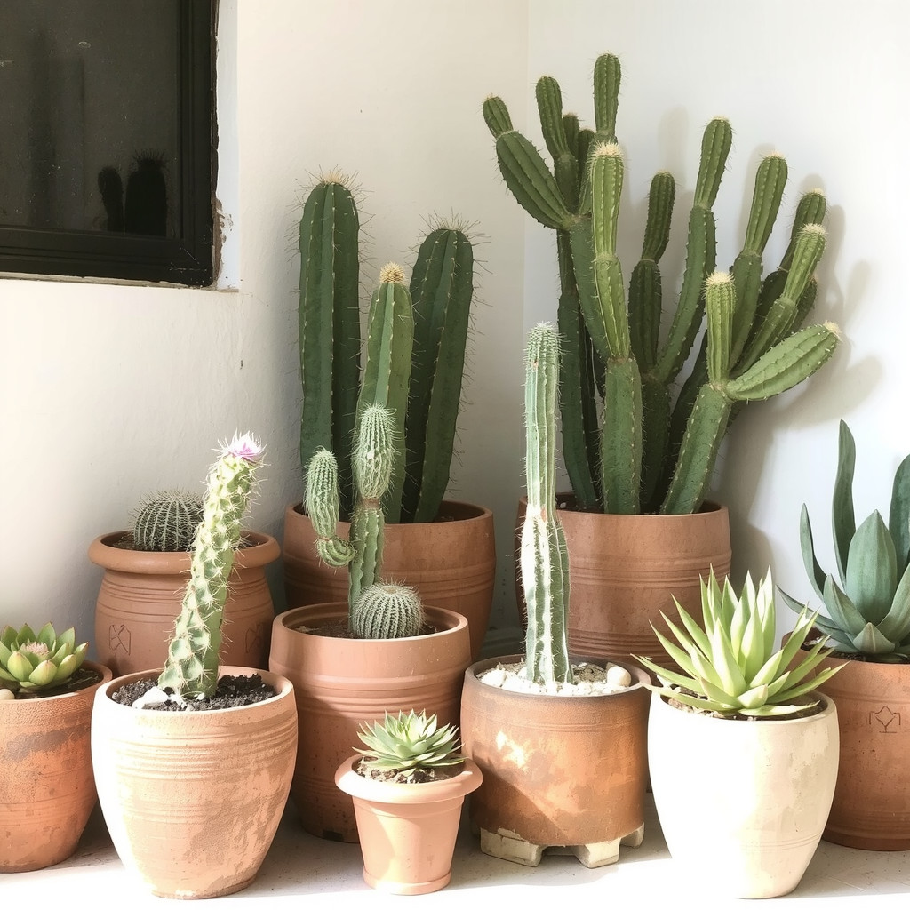Large terracotta pots filled with cacti and succulents in a sunny corner