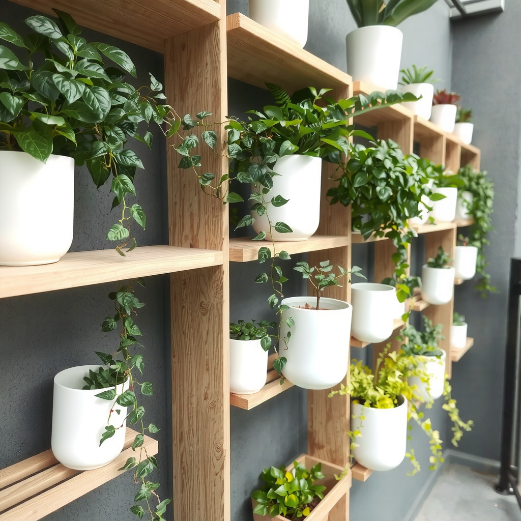 Vertical garden wall with modular wood shelving