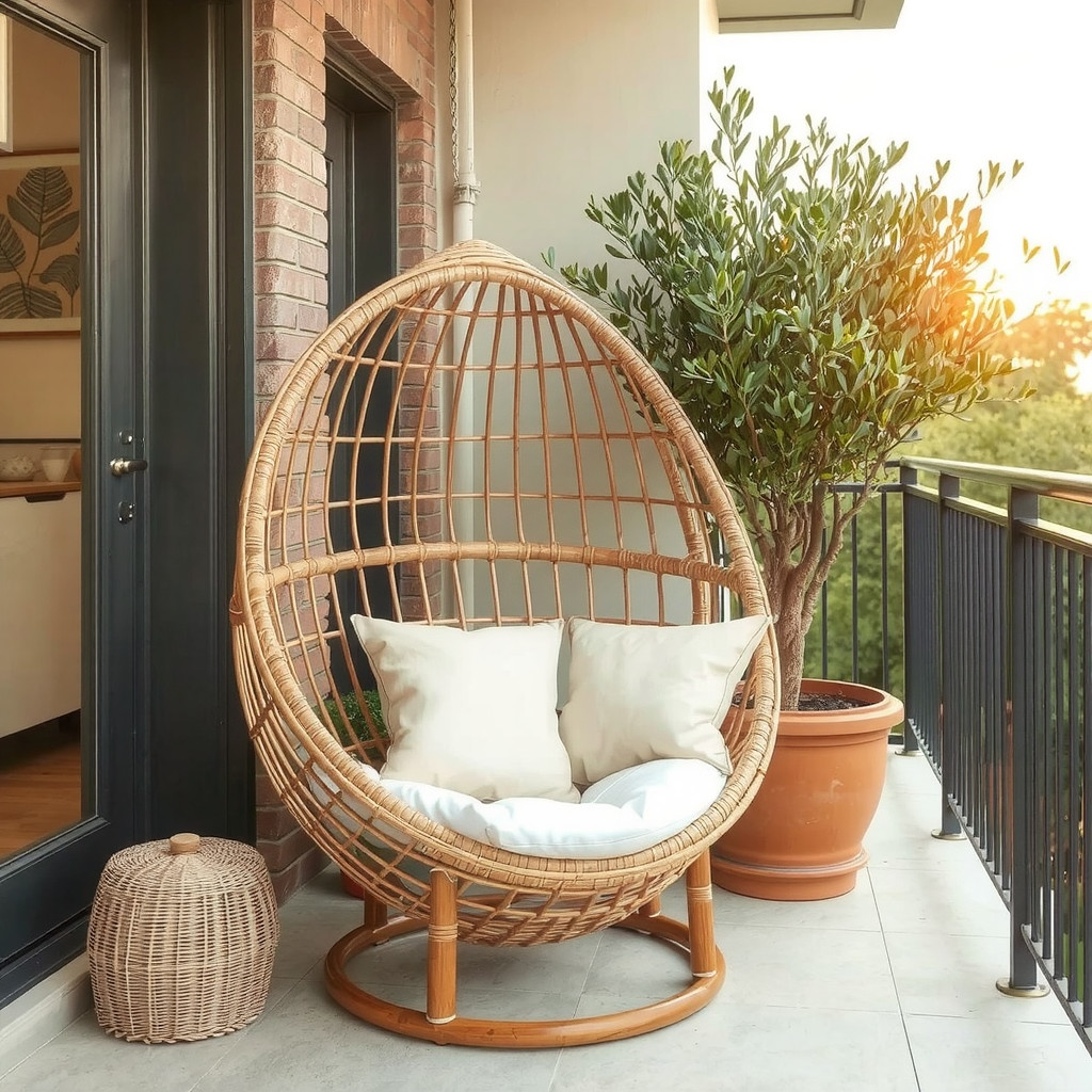 Modern rattan chair reading nook with tall olive tree