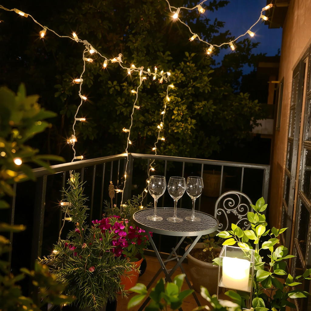 Evening balcony scene with warm string lights