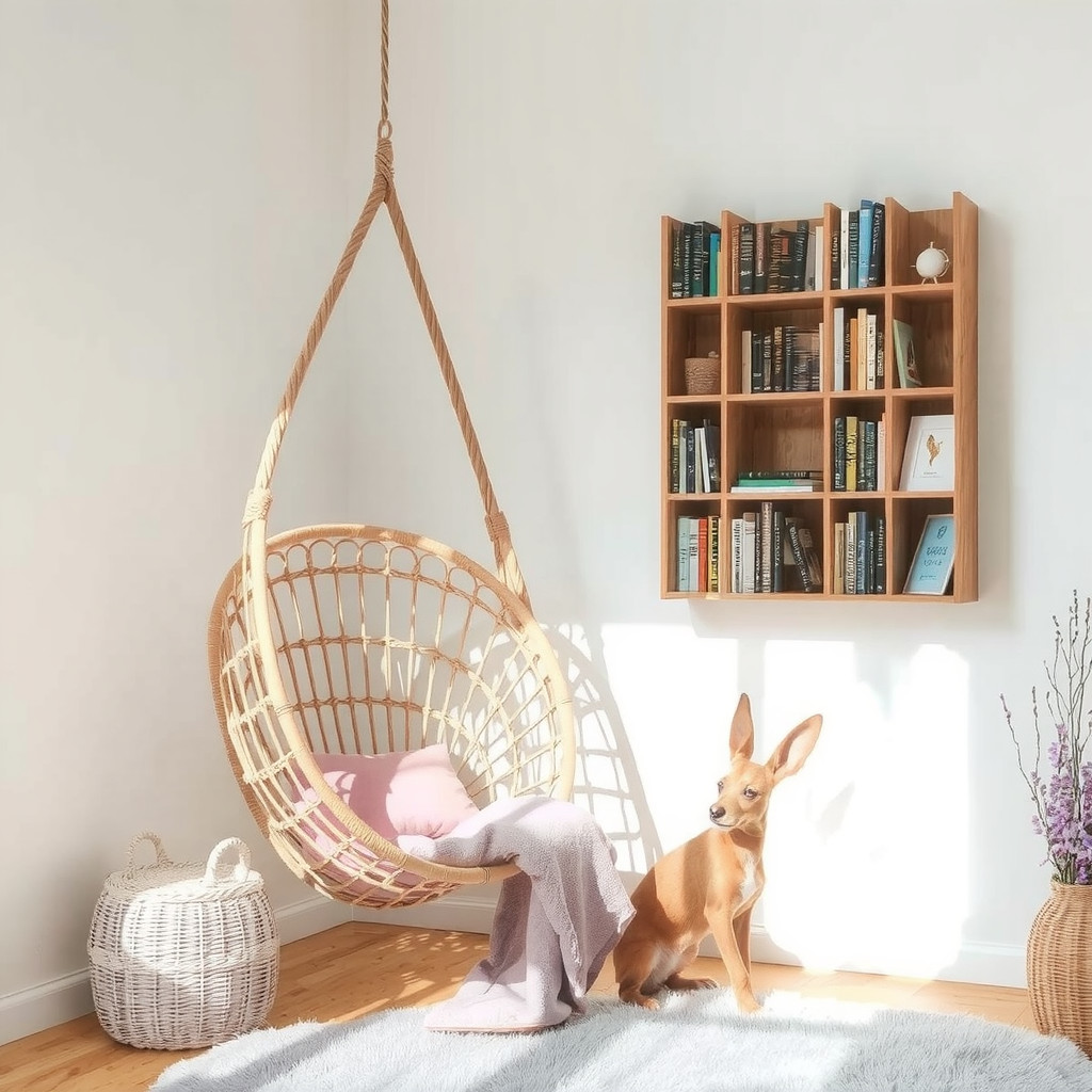 A cozy reading nook with a hanging chair and spiral bookshelves