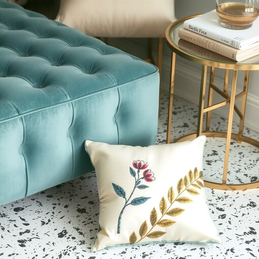 Close-up of contrasting textures including velvet, brass, and terrazzo