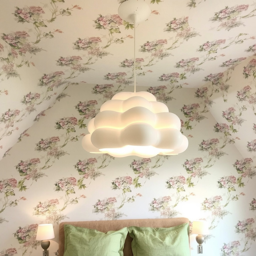 Bedroom ceiling with cloud-shaped pendant lights and floral wallpaper