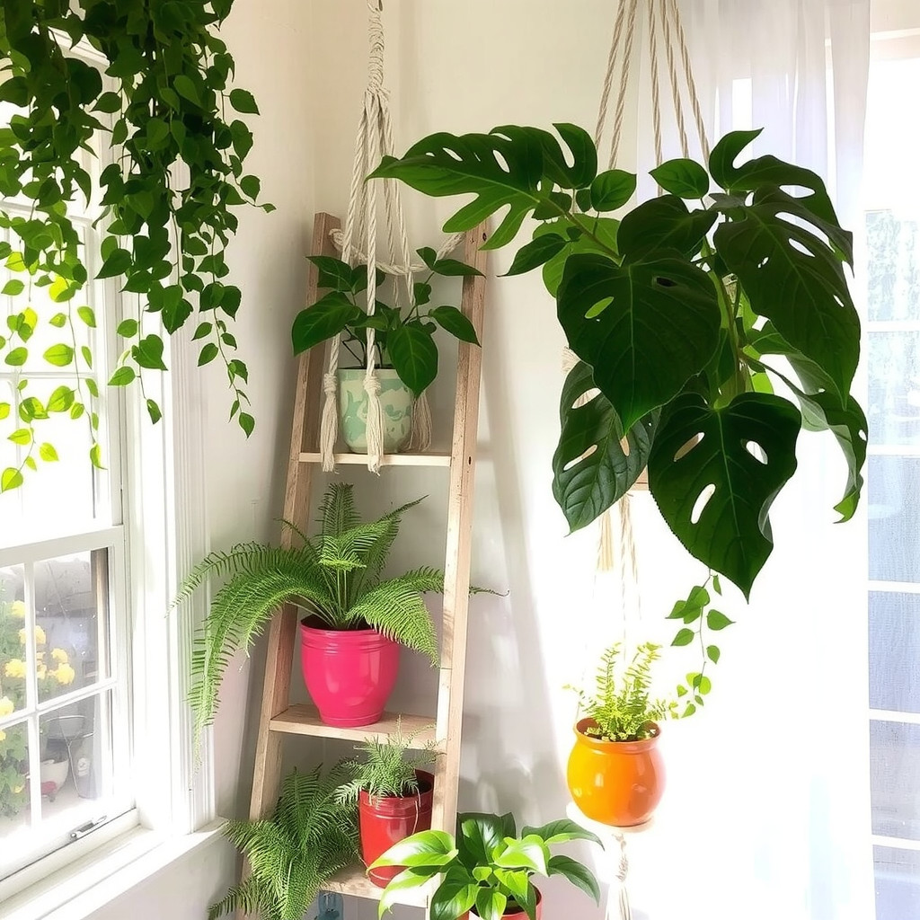 Indoor garden nook with trailing ivy and sunlight filtering through curtains