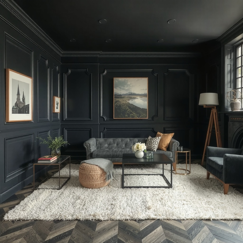 Dark-colored wood furniture and plush carpet