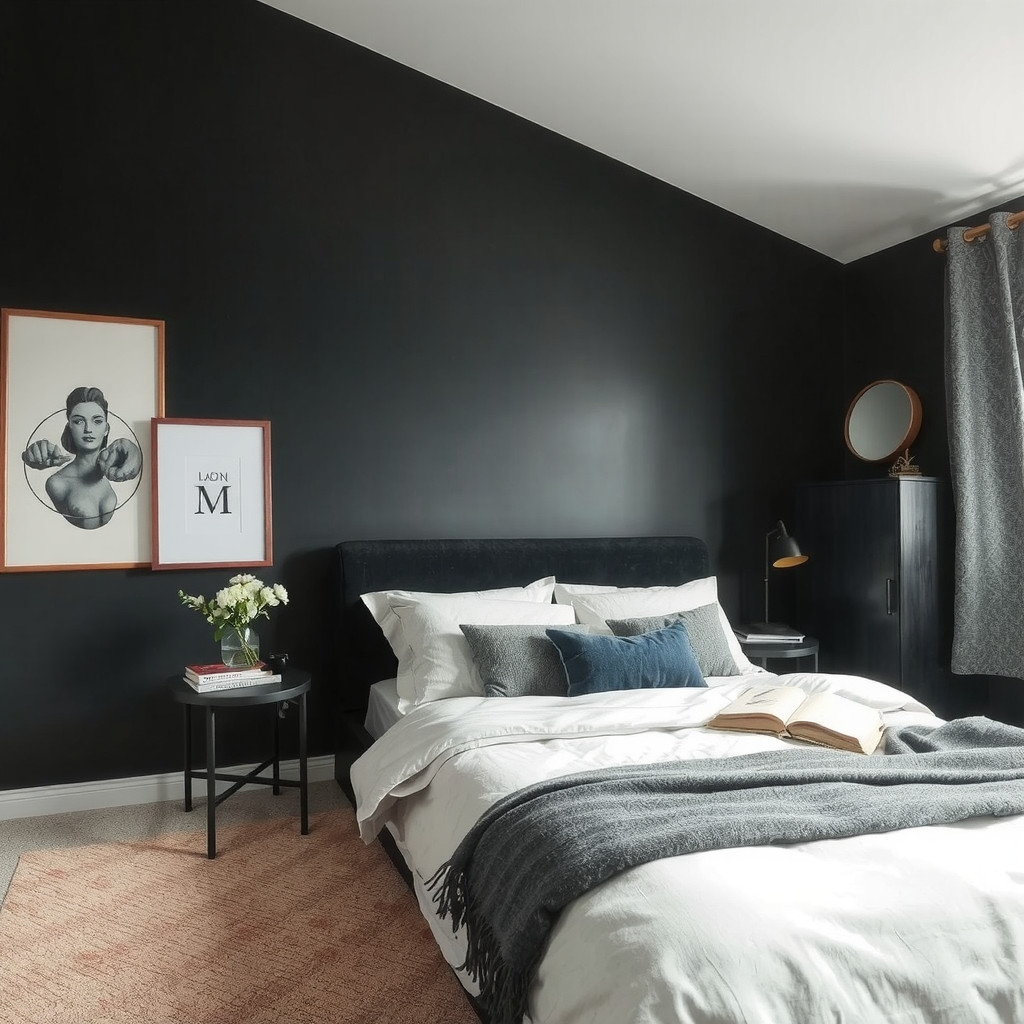 Moody bedroom with a statement wall and soft lighting
