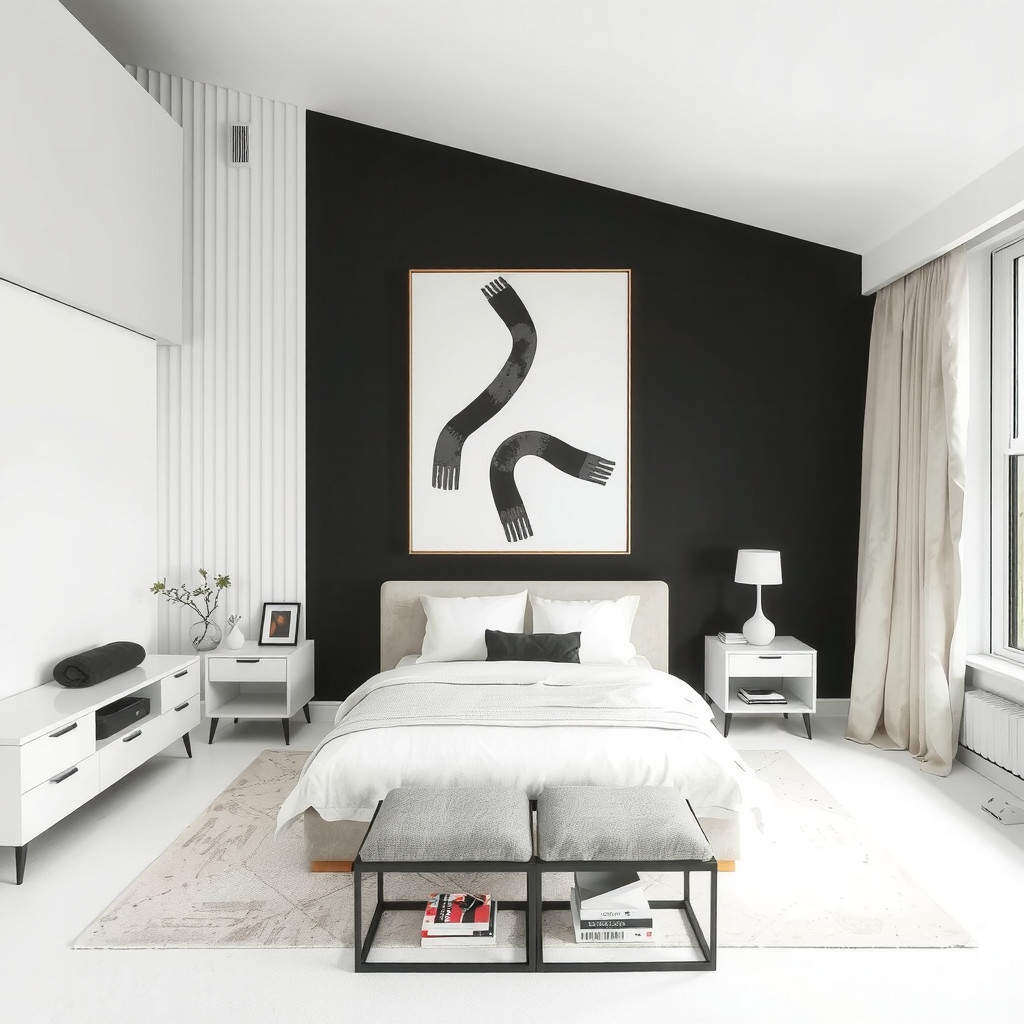 A minimalist bedroom with a large bed
