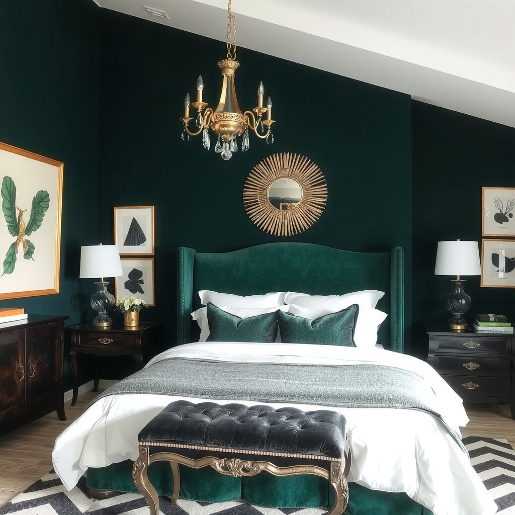 A bedroom with a velvet headboard