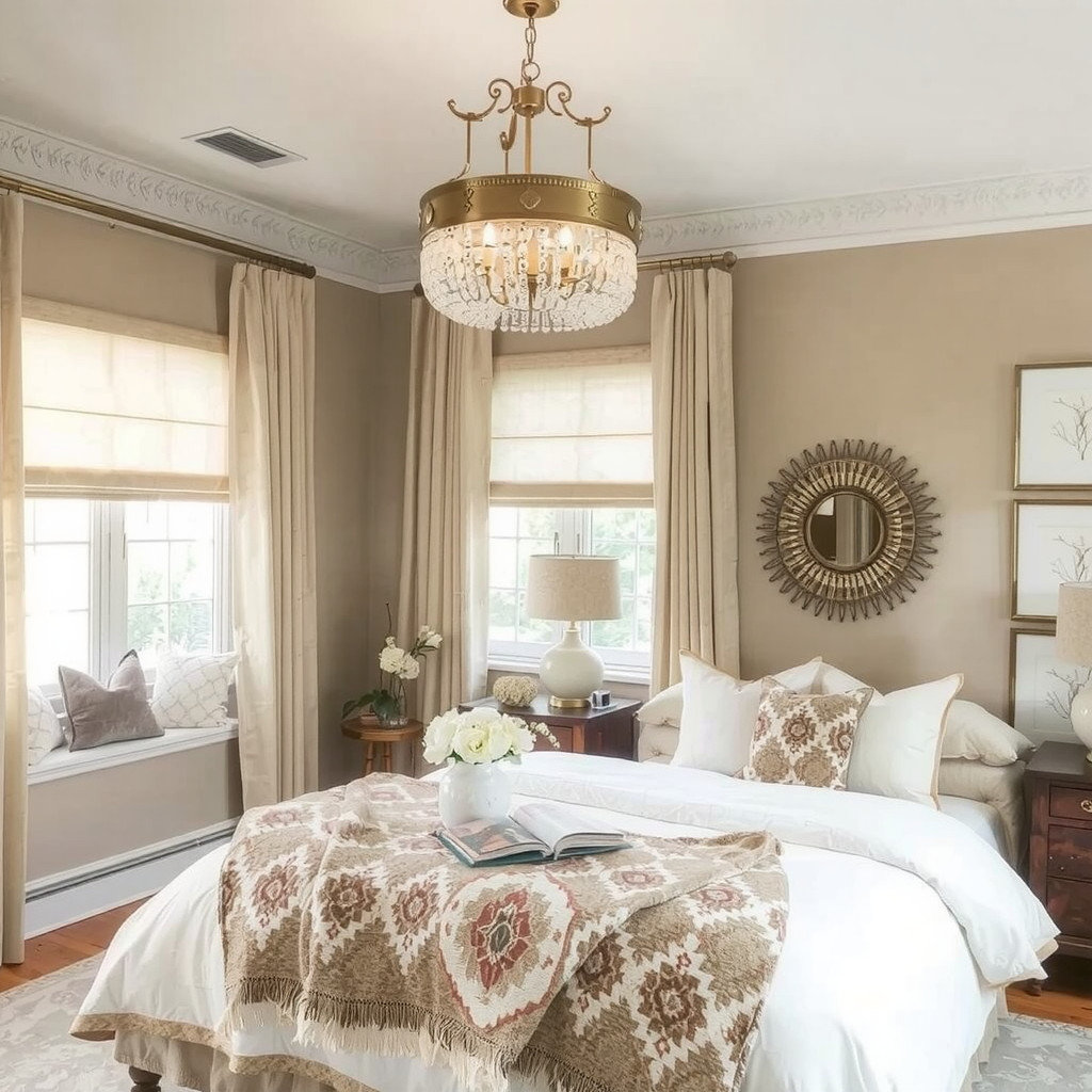 A bedroom with a statement light fixture
