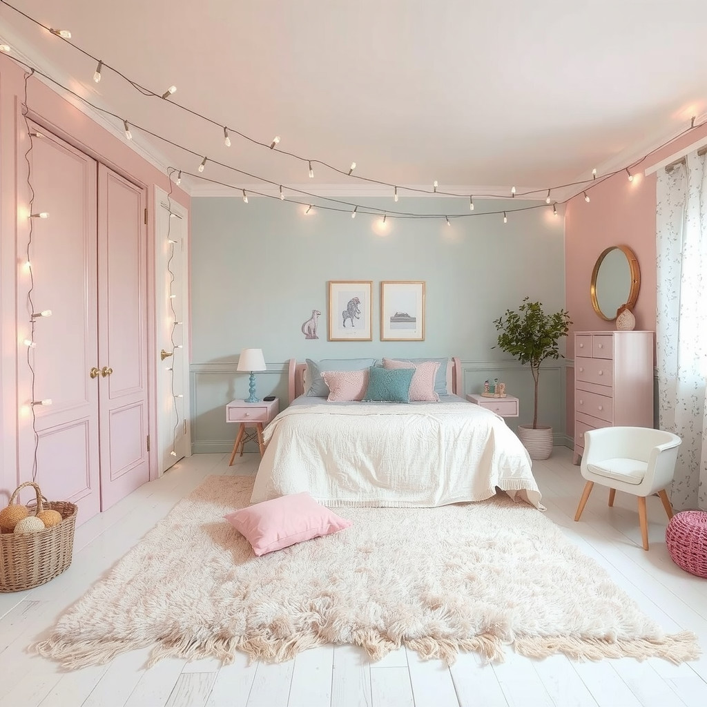 A bedroom with string lights