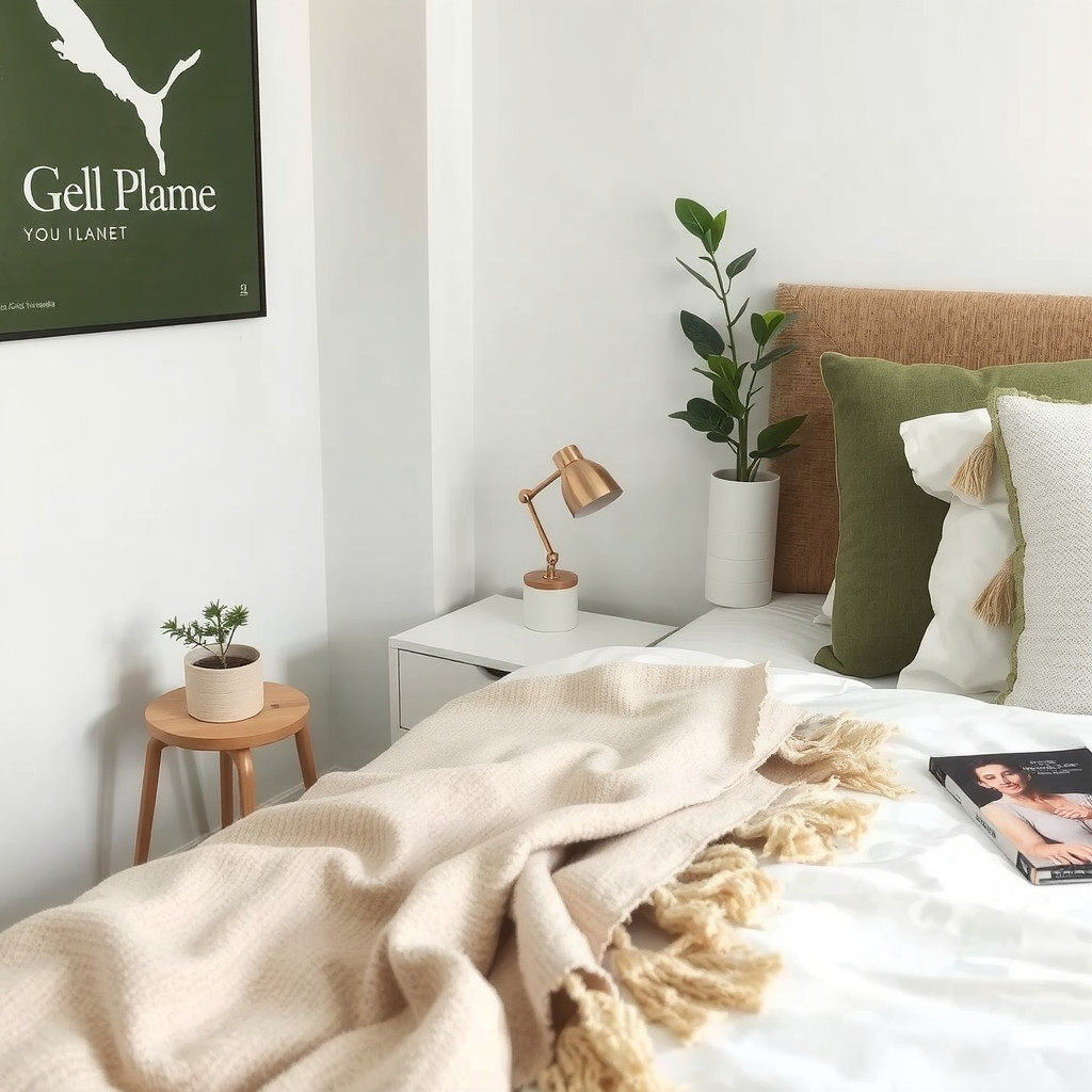 A bedroom with a small potted plant