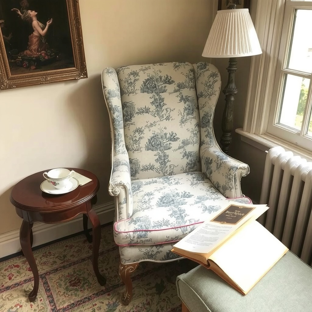 A vintage reading nook with a wingback chair and side table