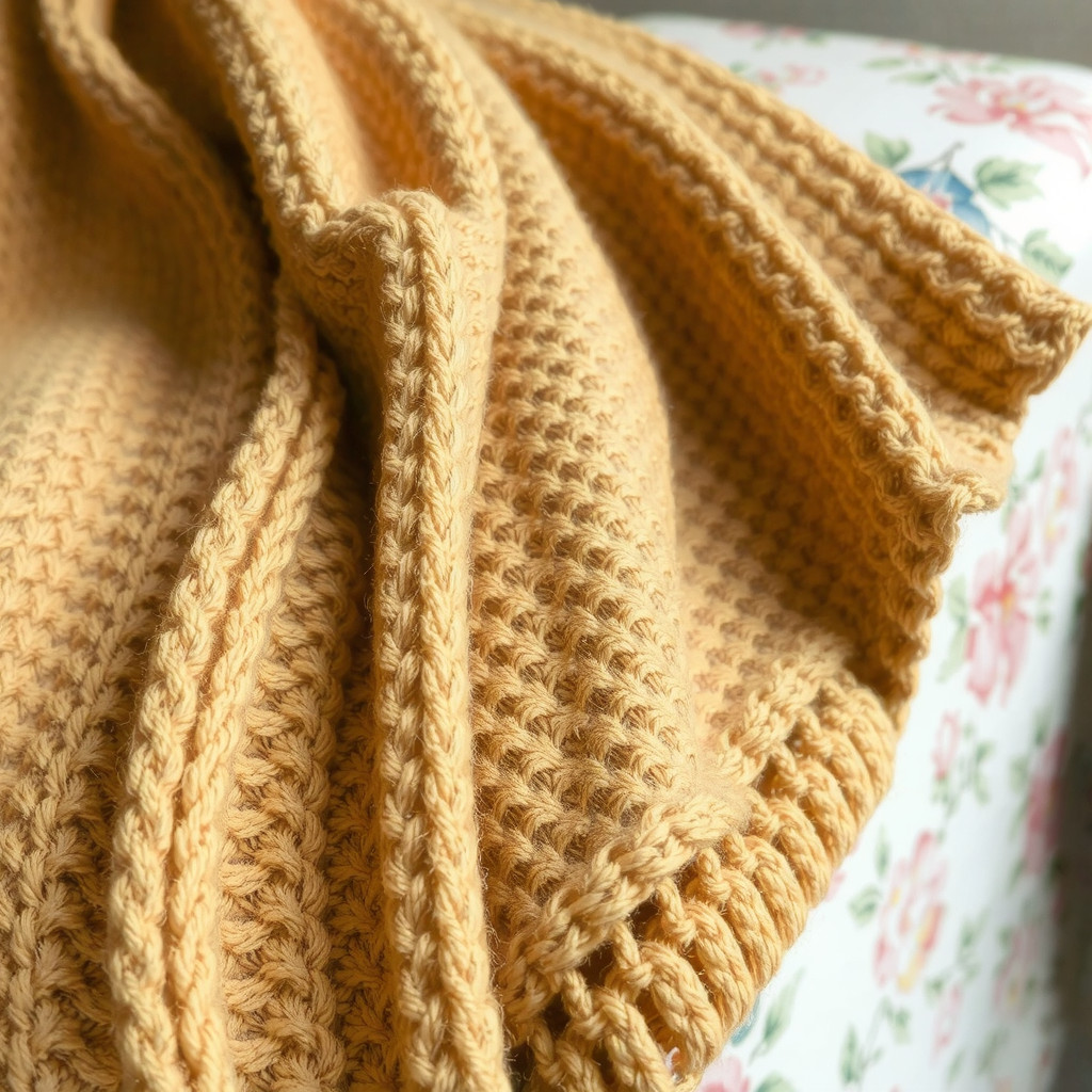 Textural details of crochet blanket on a floral sofa