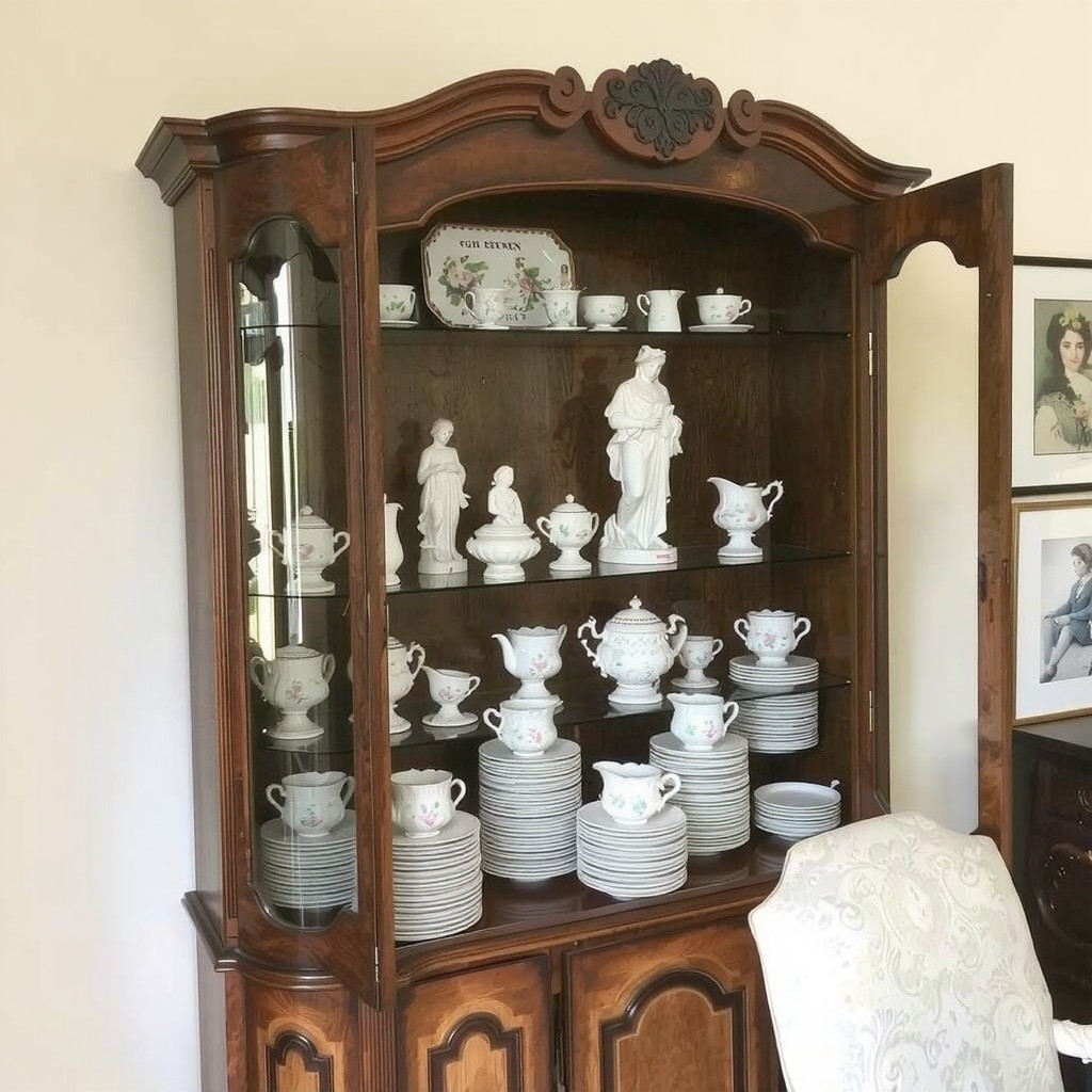 Antique china cabinet filled with vintage porcelain