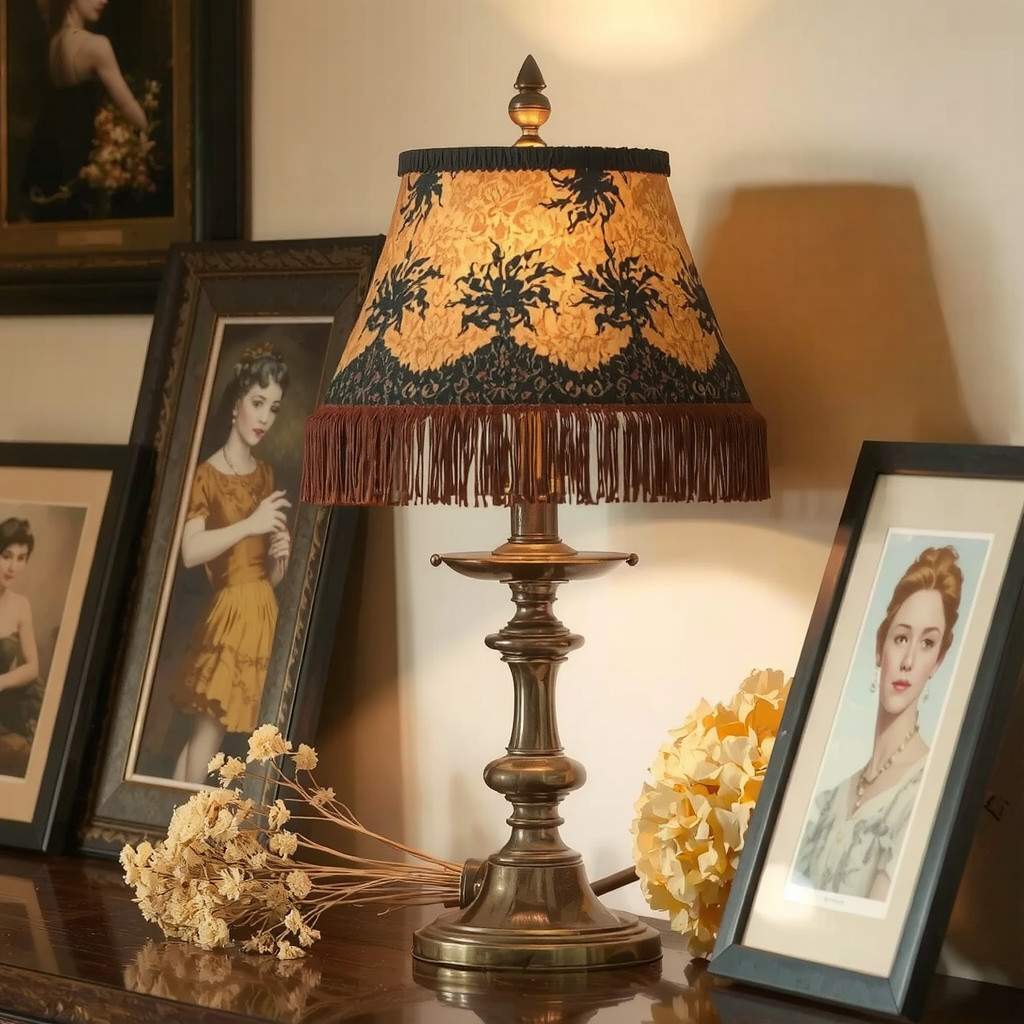 Vintage lamp with a fringed shade casting warm light