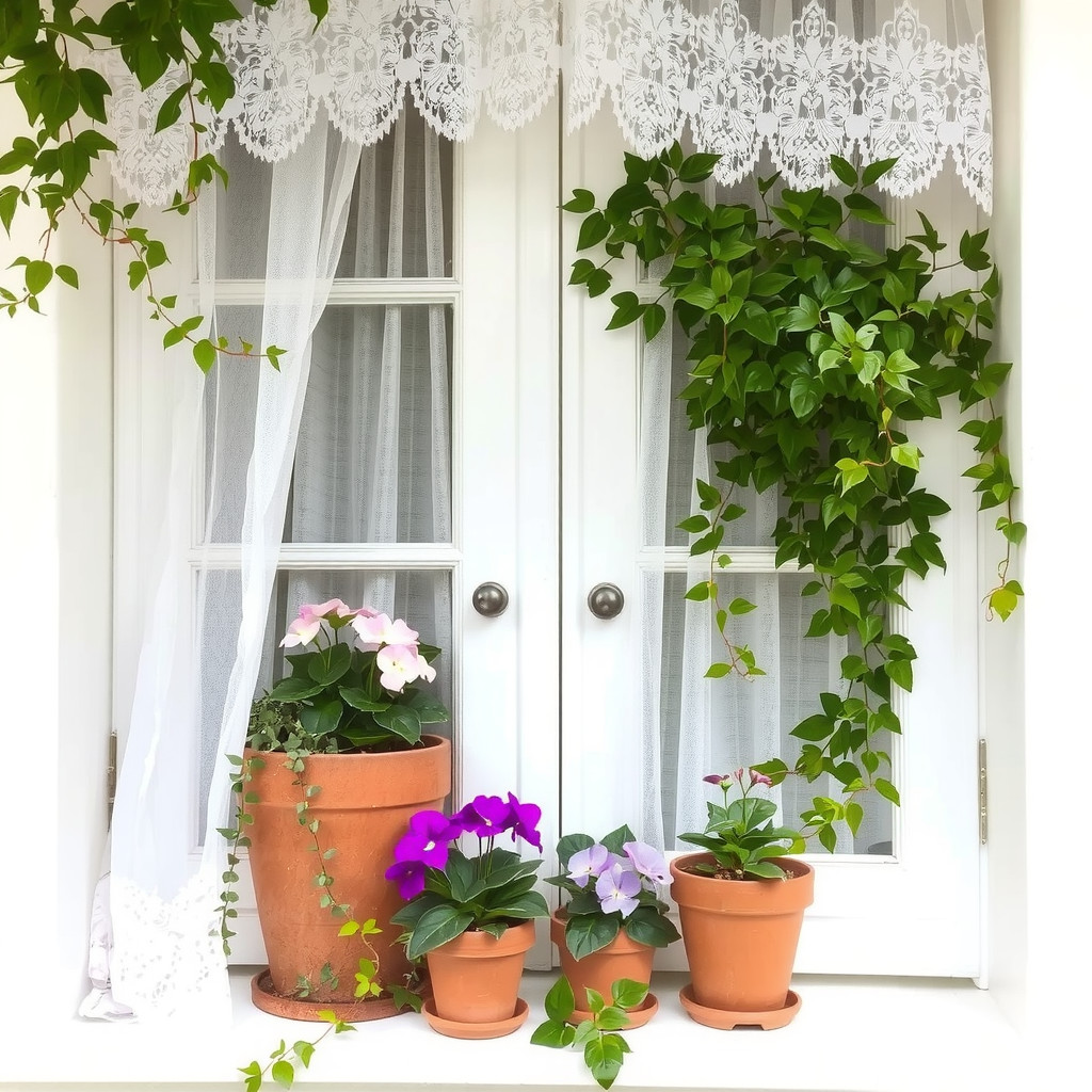 Window sill with african violets and lace curtains
