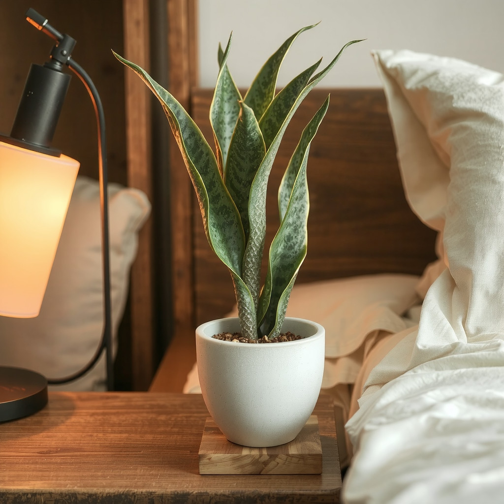 Bedside close-up with snake plant on a wooden table