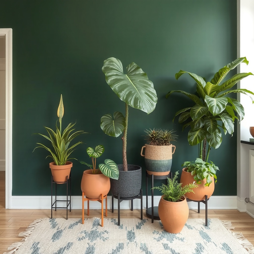Plant stand with monstera and terracotta pots against a deep green wall