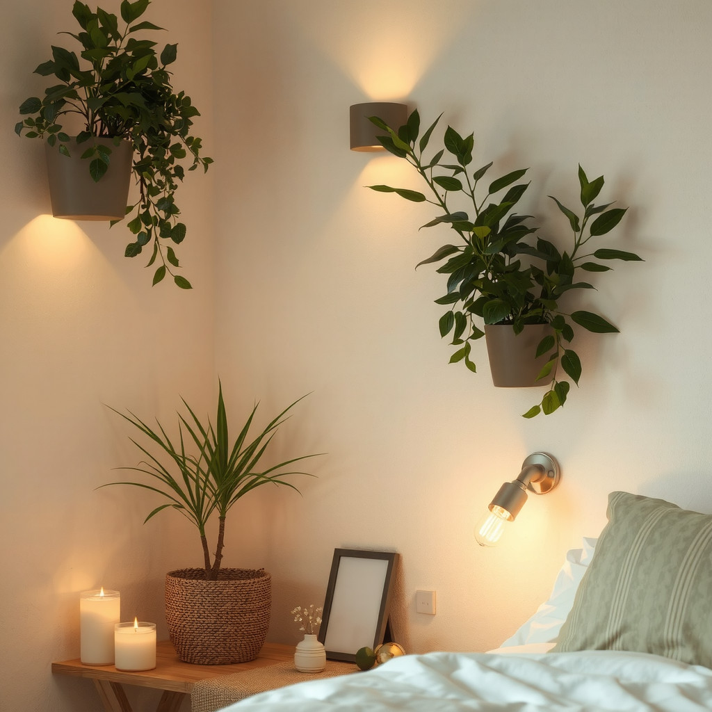 Layered lighting with warm lamp and plants casting soft shadows
