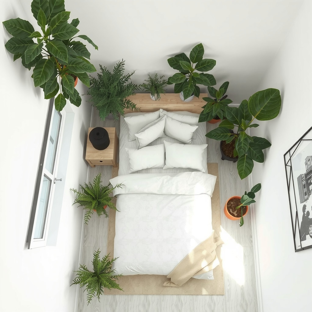 Overhead view of a small bedroom showing strategic plant placement for airflow