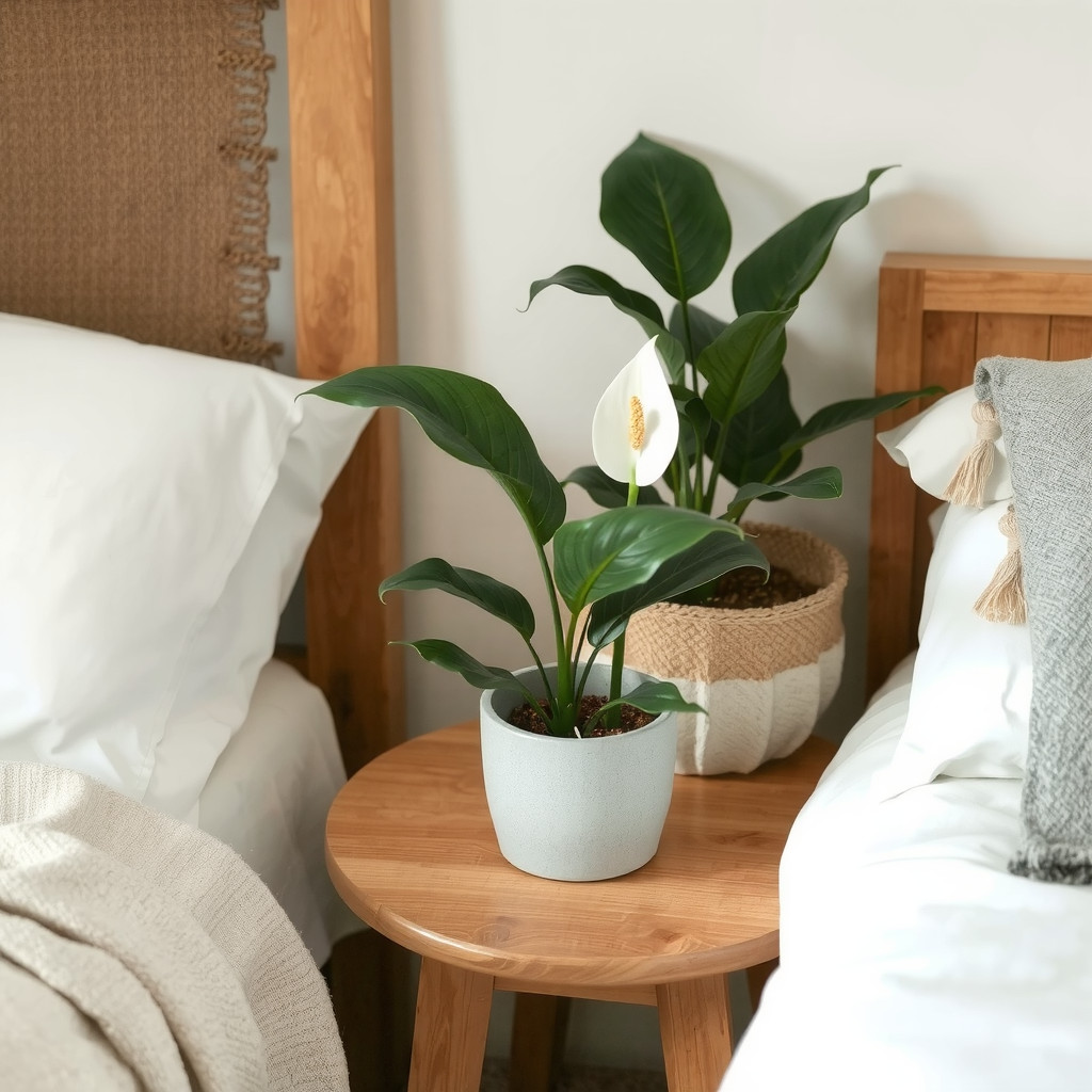 Serenely decorated bedroom with a small potted plant on the bedside table