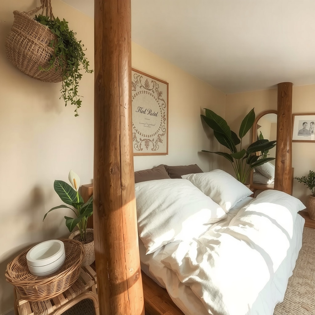 Bedroom with a wooden bed frame, cotton bedding, and a peace lily