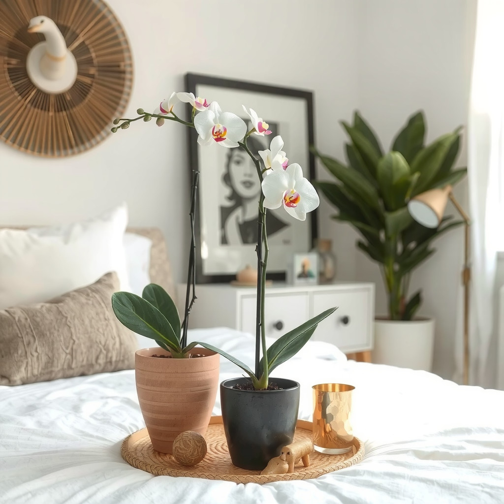 A beautifully potted orchid on a dresser