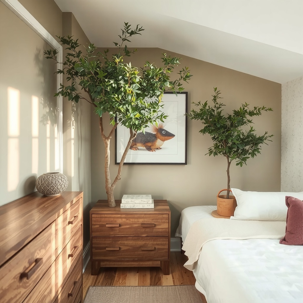 Bedroom with soft lighting and a Chinese Evergreen