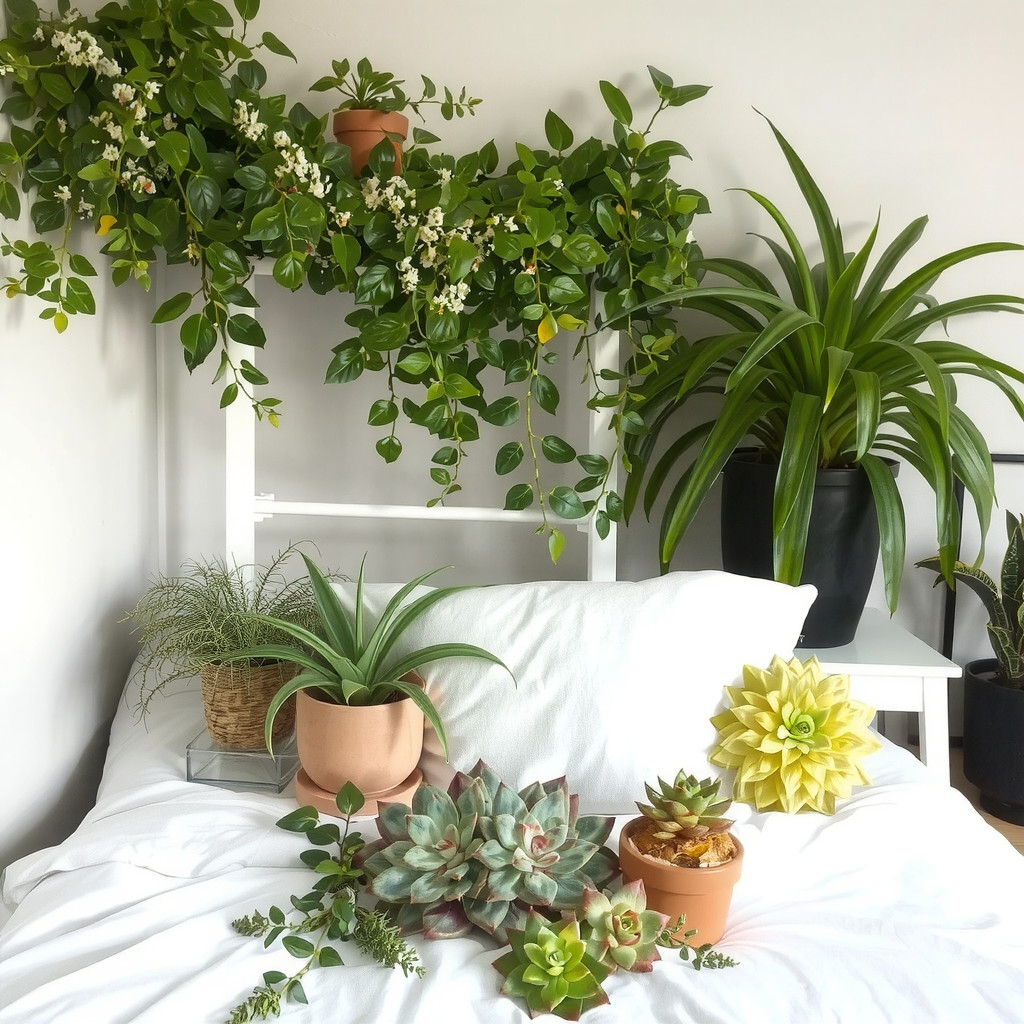 A bedroom with a variety of plants, including a trailing vine and succulents