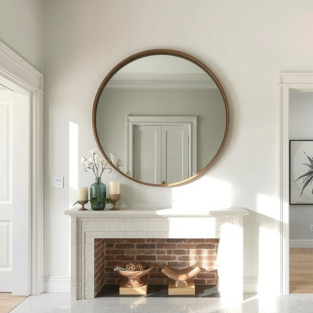 Sculptural mirror above mantel